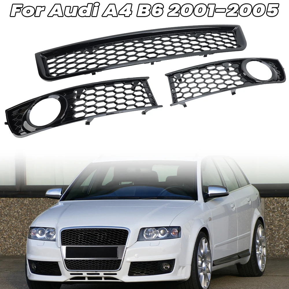 

3PC Front Bumper Lower Grill+Fog Light Grille For Audi A4 B6 2001-2005 ABS Gloss Black Replacement Honeycomb Mesh Grilles Parts