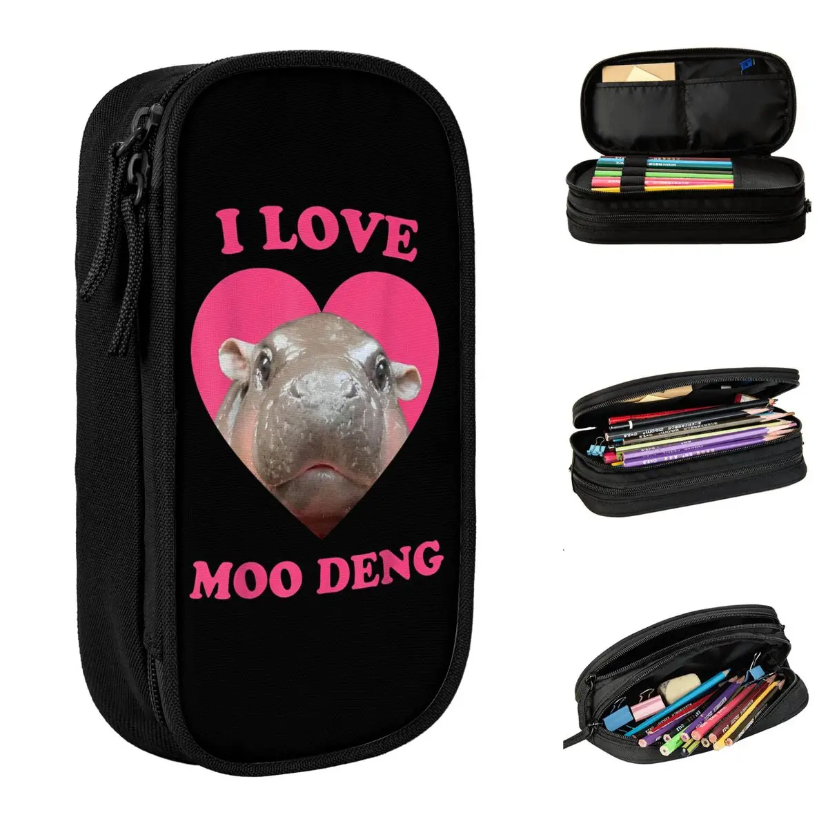 

I Love Moo Deng Famous Baby Pigmy Hippo Пеналы Сумка для ручек для студентов Большая вместимость Студенты Школьная косметичка Пенал