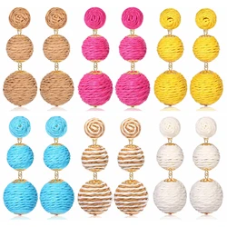 Women Raffia Ball Earrings Stud Handmade Rattan Dangle Drop Ear Summer Beach Long Jewelry Holiday Accessory Gifts