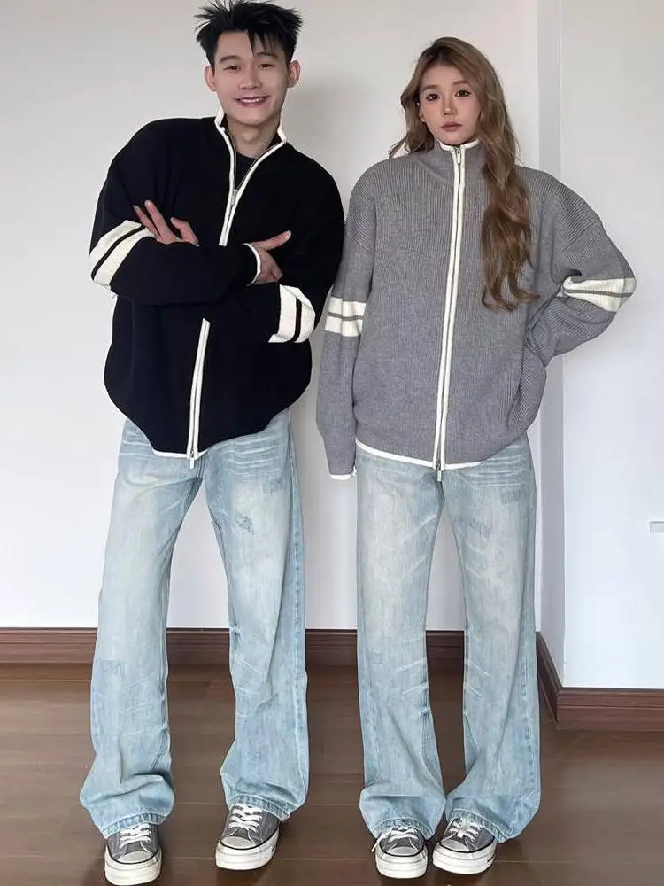 

Корейский повседневный теплый кардиган в полоску на молнии для пар, из полиэстера, с длинными рукавами