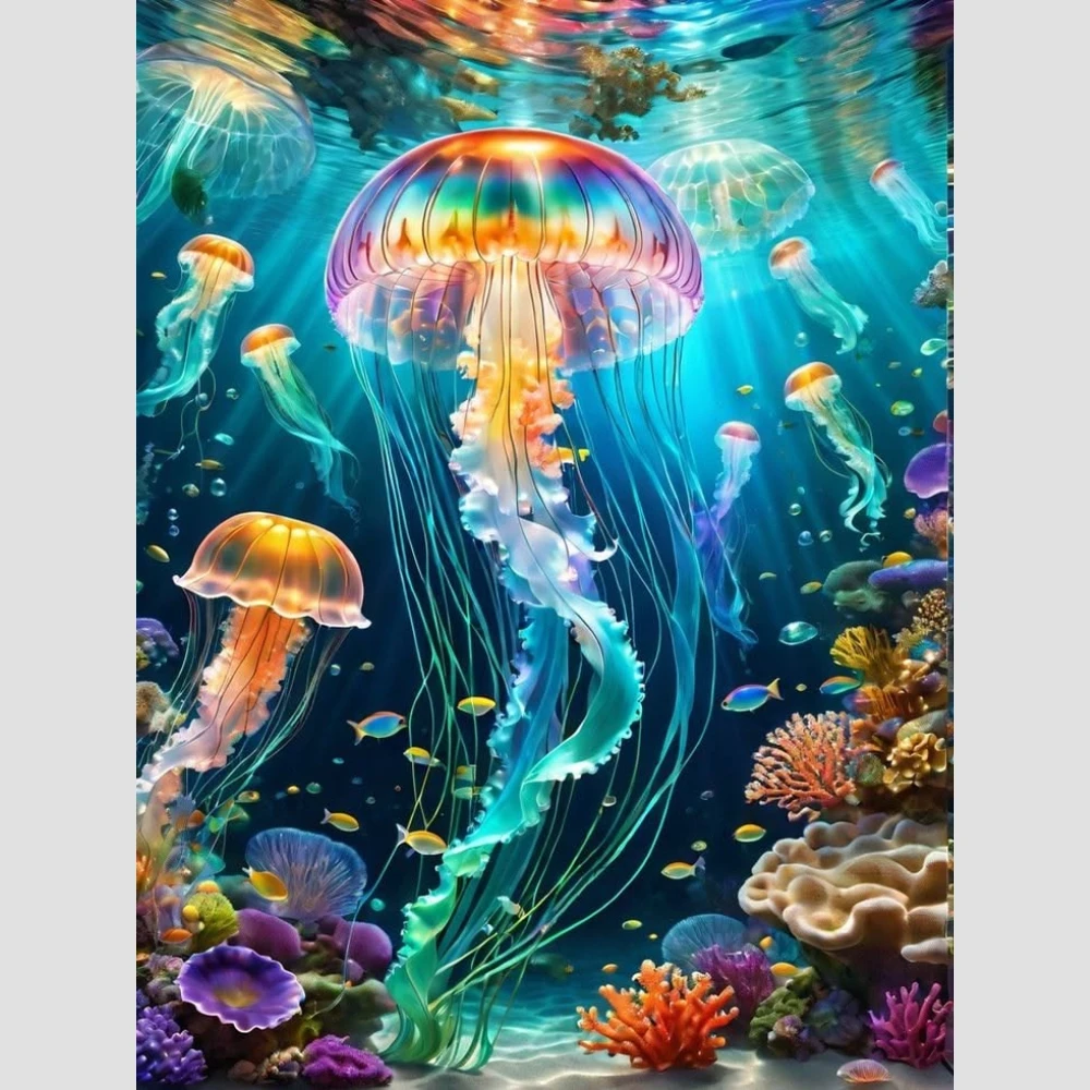 Colorful Rainbow Jellyfish Coral Reef Diamond Painting By Number DIY Wall Decor for Game Room or Living Room Gift Frameless