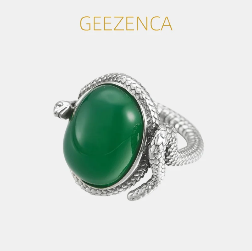 

GEEZENCA Green Agate 925 Sterling Silver Snake Shaped Resizable Rings For Women Unique Chic Exaggerated Cocktail Ring Party Gift