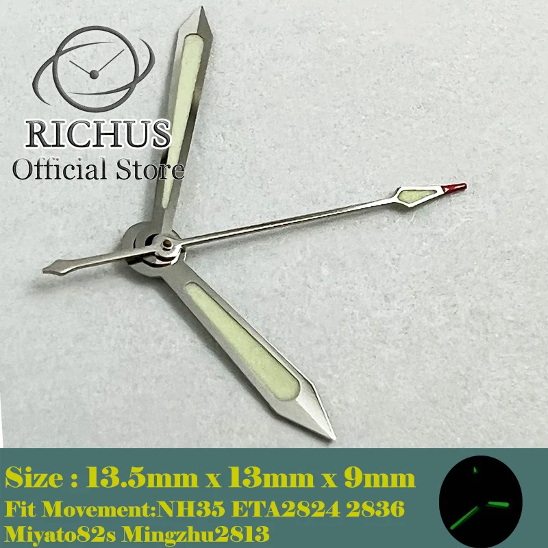 Silver Watch Hands Parts Green Luminous Fit for NH35 NH36 Miyato8215 8205 ETA 2824 2836 Seagull ST1612 Automatic  Movement