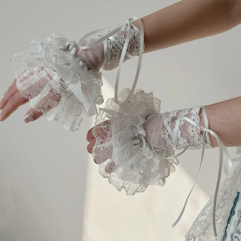 Silk Ribbon Lace Bow Gloves JK Lolita Fingerless Multideck Wrist Cuffs Ruffled Floral Lace Elastic Sleeve Cover Thin Leg Covers