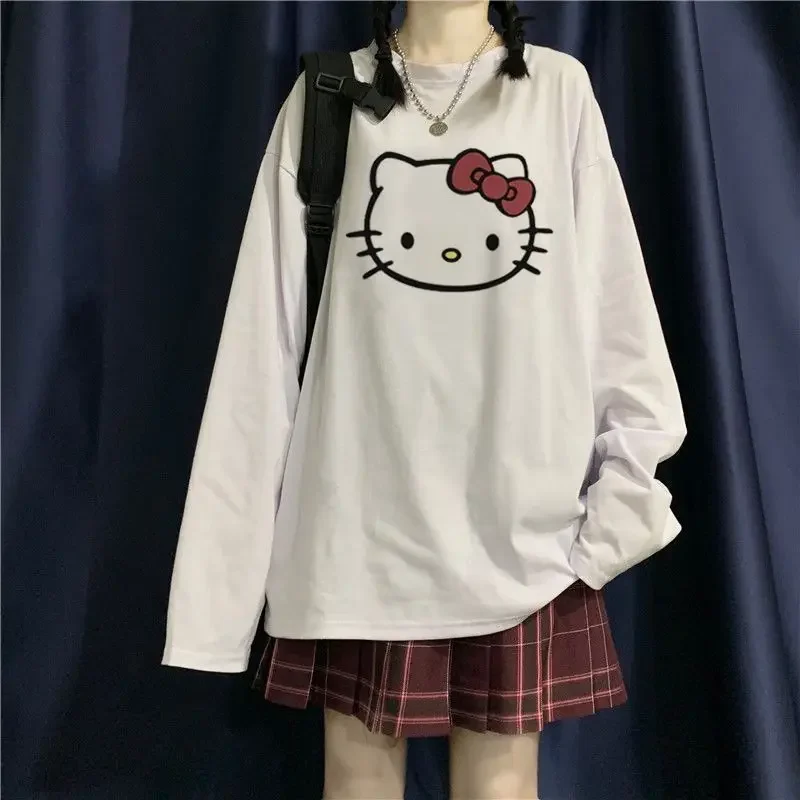 Cartoon Hello Kitty Printed Long Sleeve T-shirt Women Student Korean Style Loose Lovely Spring Autumn Graphic T Shirts Y2k Top