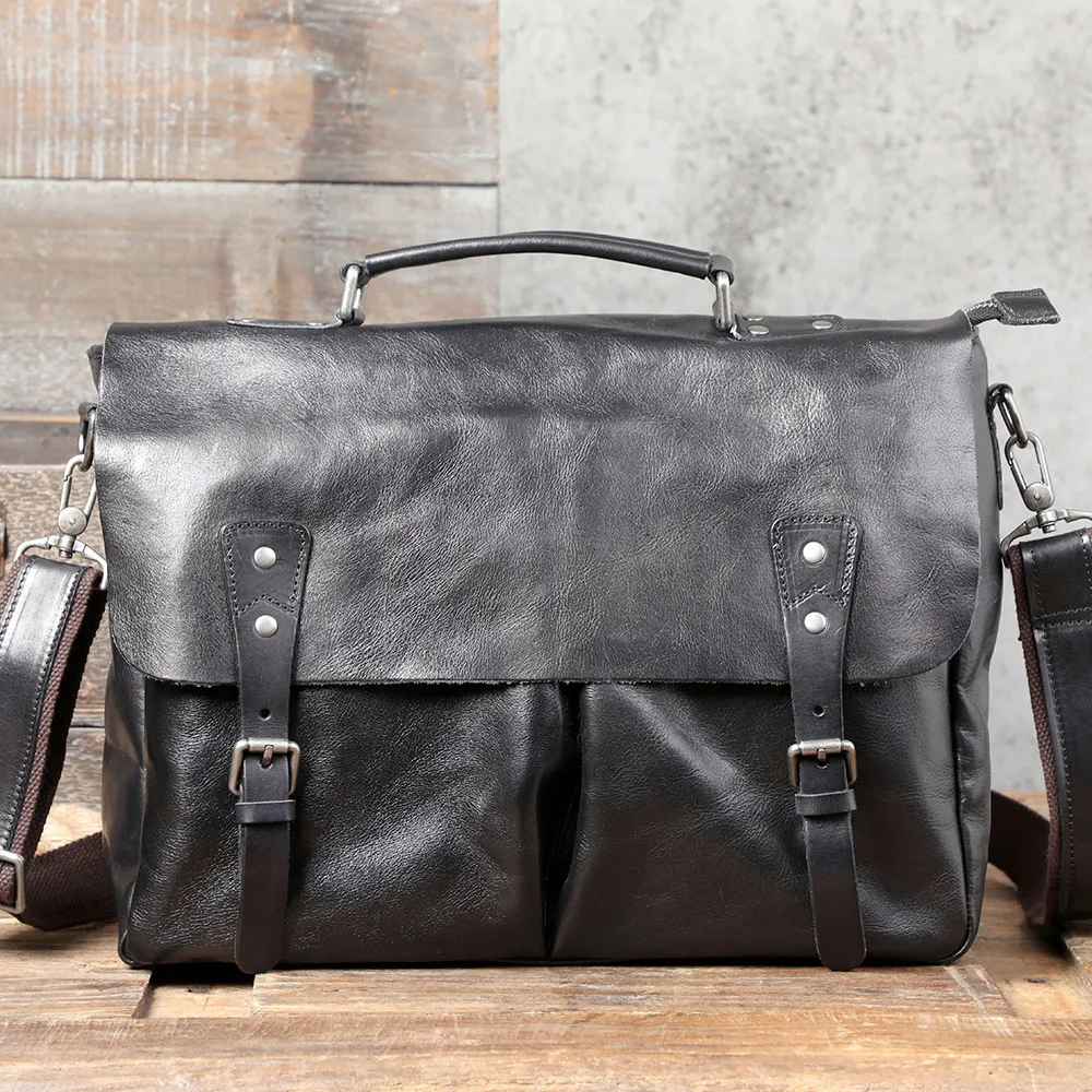 Echtleder Herren-Aktentasche 15 Zoll Laptop-Tasche Einfache Rindsleder-Umhängetasche Pflanzlich gegerbtes Leder Modischer Casual-Stil – Detail 8