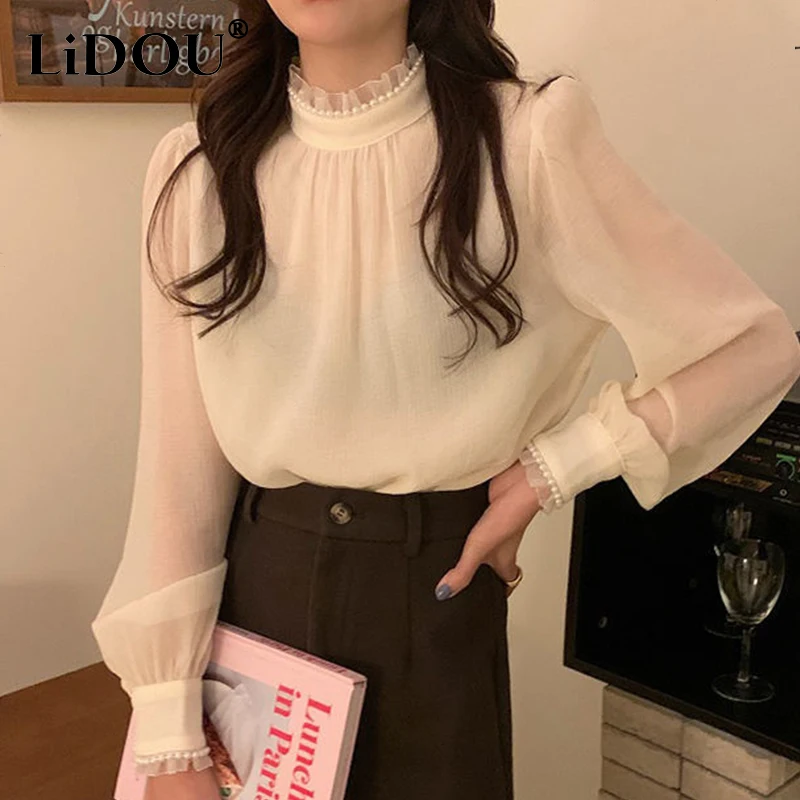 Spring Autumn Half High Collar Pearl Elegant Fashion Shirt Top Women Long Sleeve Ruffles All-match  Aesthetic Pullover Blouse