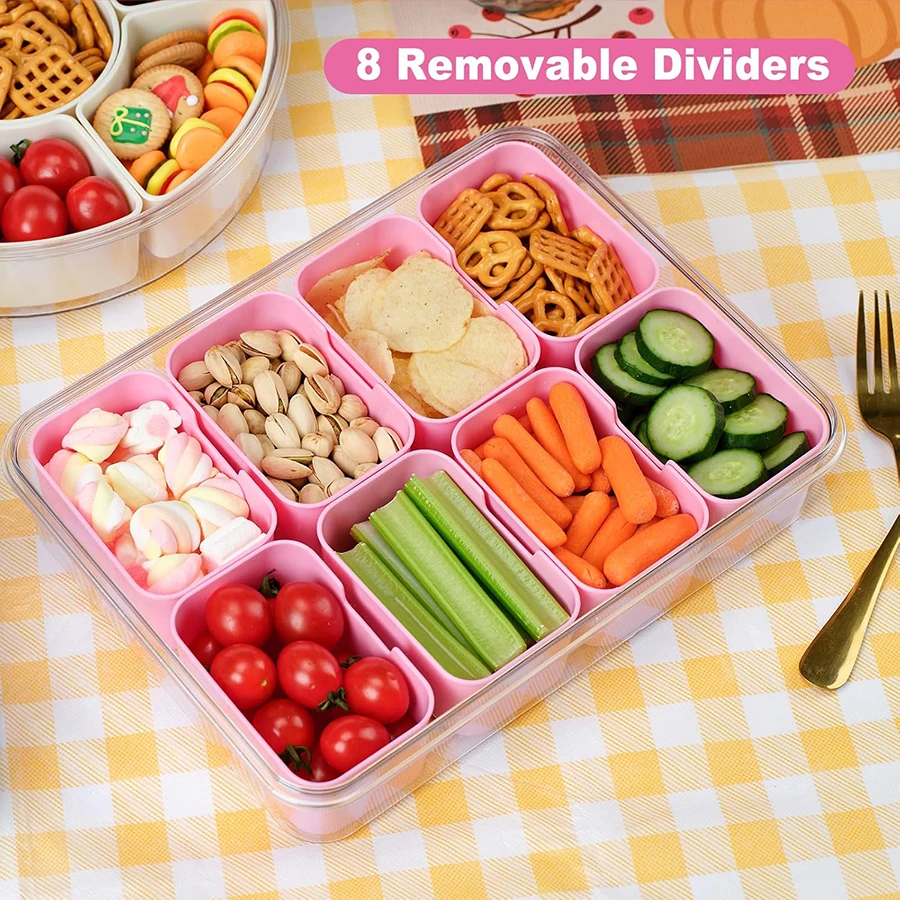 Snack Box Container,Divided Serving Tray with Lid and Handle,Snackle Box Charcuterie Container,Portable Snack Container Storage