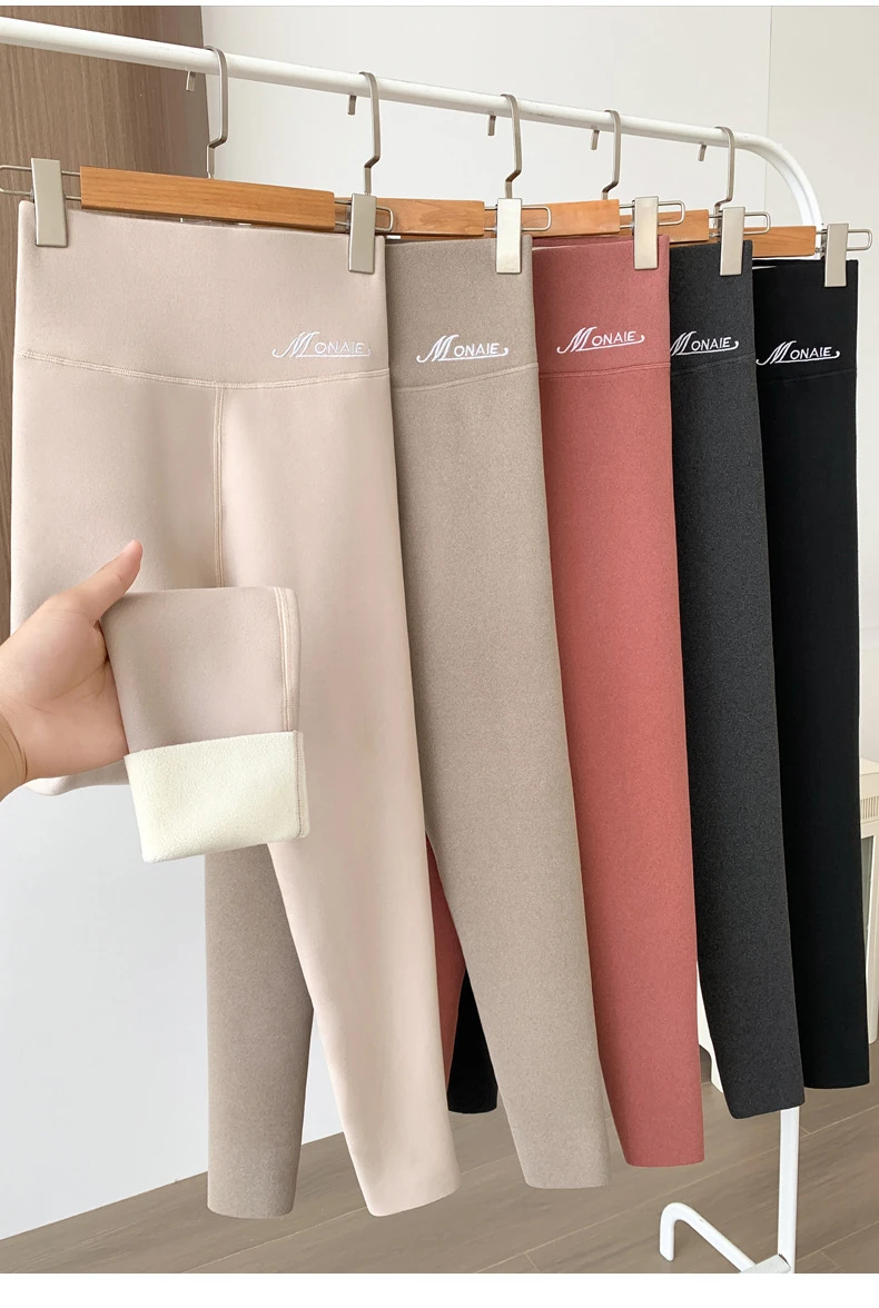 Winter-Kaschmir-Leggings für Damen, solide warme Leggings, hohe Taille, schlanke, dehnbare Hose, große Größe, Hinzufügen von Samt und Verdickungshosen – Detail 5