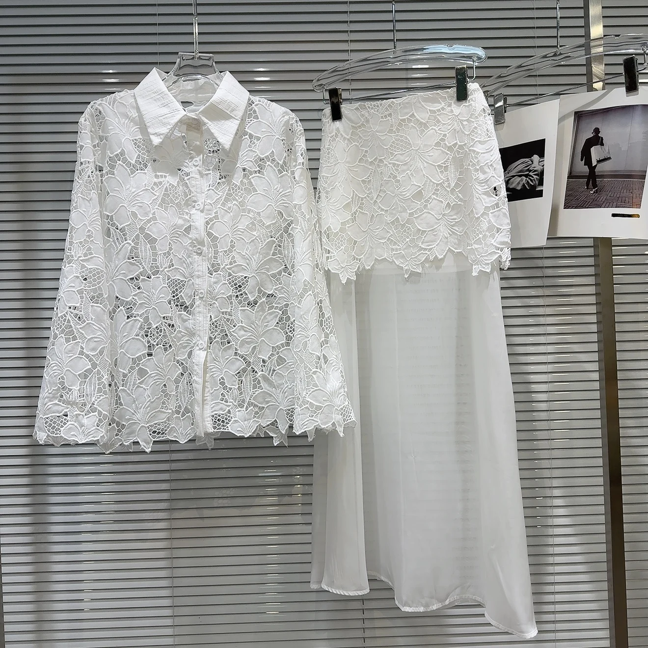 

Chic Crocheted Hollow Flowers Lace Spliced Shirt Chiffon Blouse Tops + Camisole Vest Tops + Mesh Patchwork A-Line Skirt 3Pcs Set