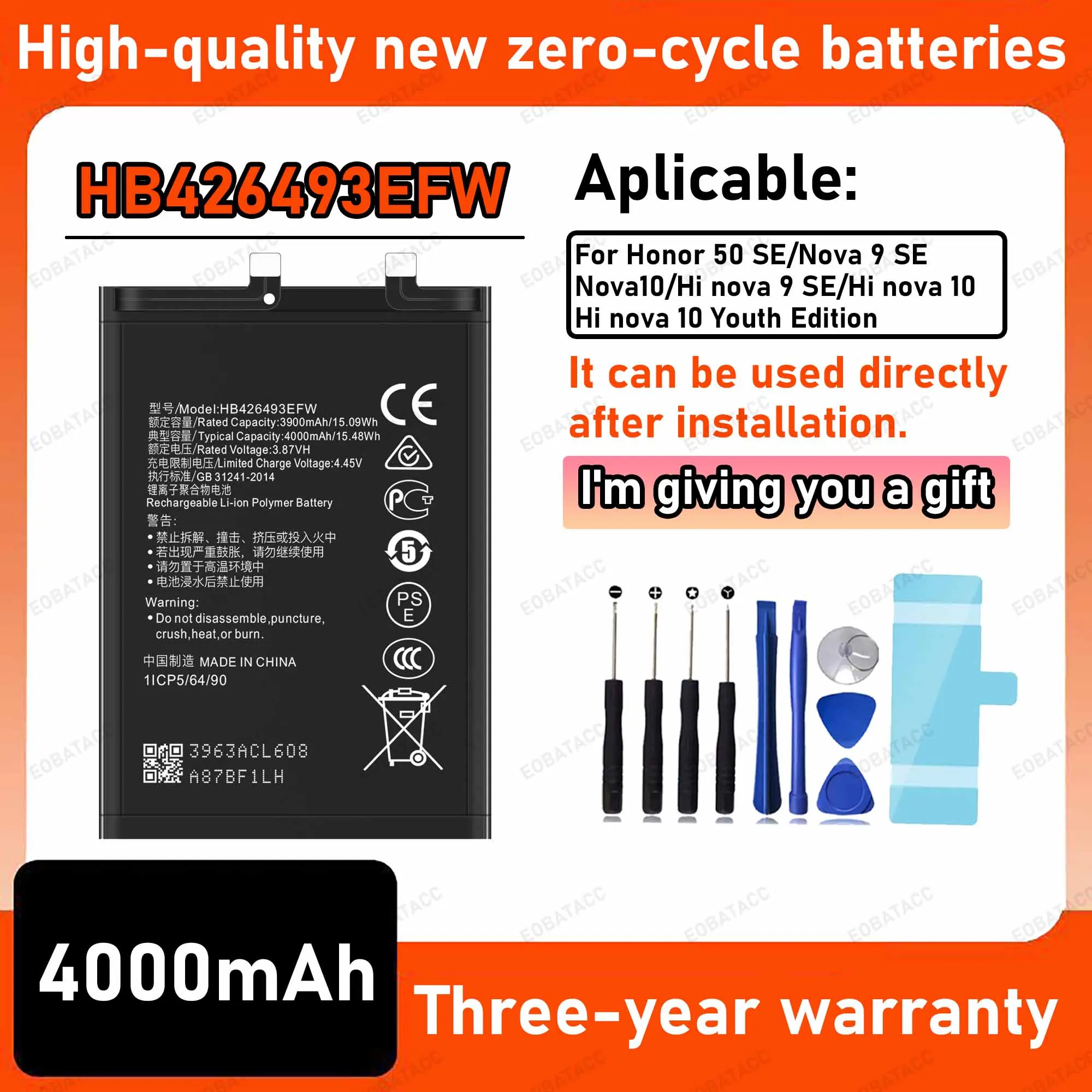 Batería HB426493EFW de 4000mAh 100% nueva para Honor 50 SE/Nova 9 SE/Nova 10, batería de repuesto + herramientas gratuitas