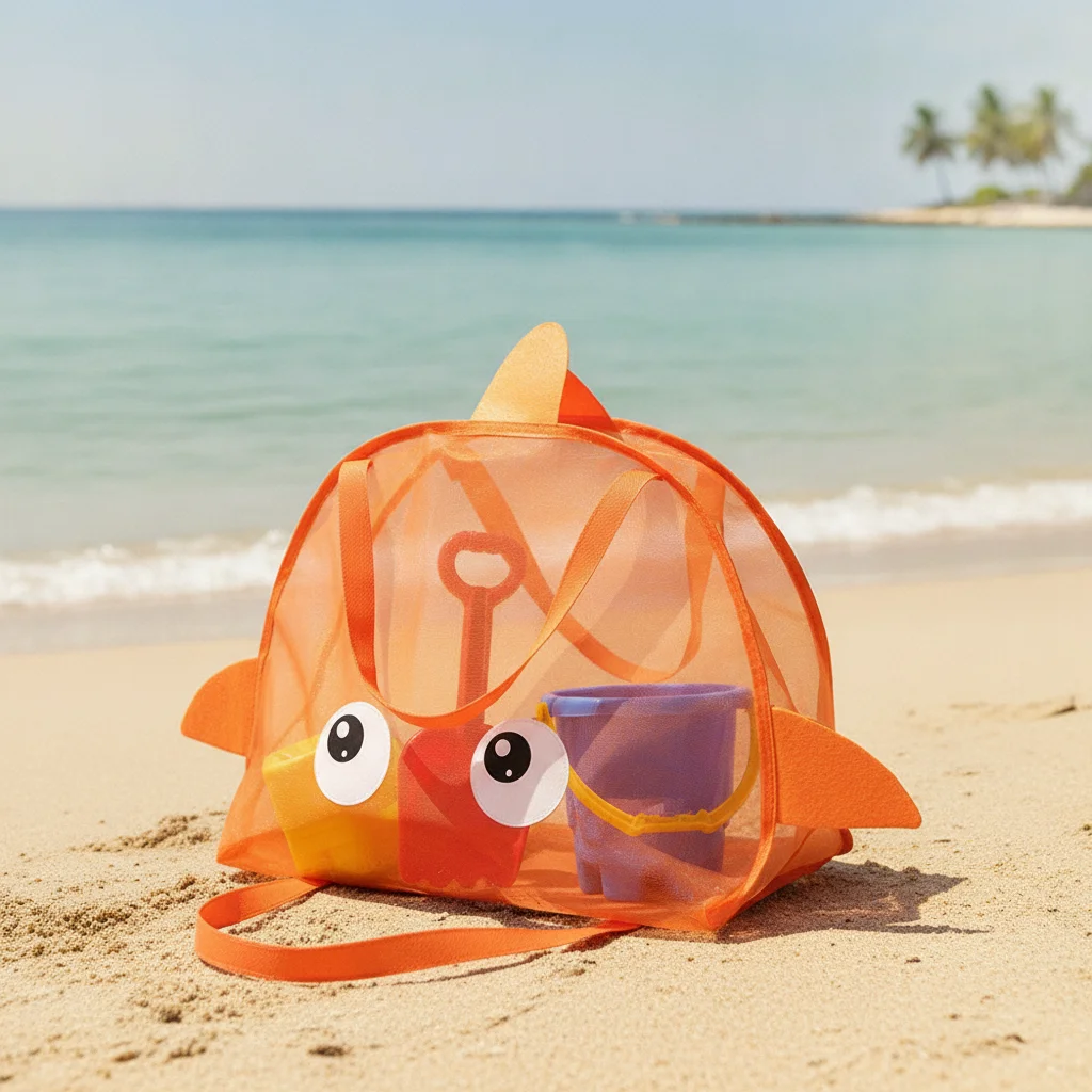 Large Capacity Summer Beach Bag Cartoon Mesh Handheld Mesh Bag Lightweight Portable Toy Storage Bag Beach Travel Outdoor Sports