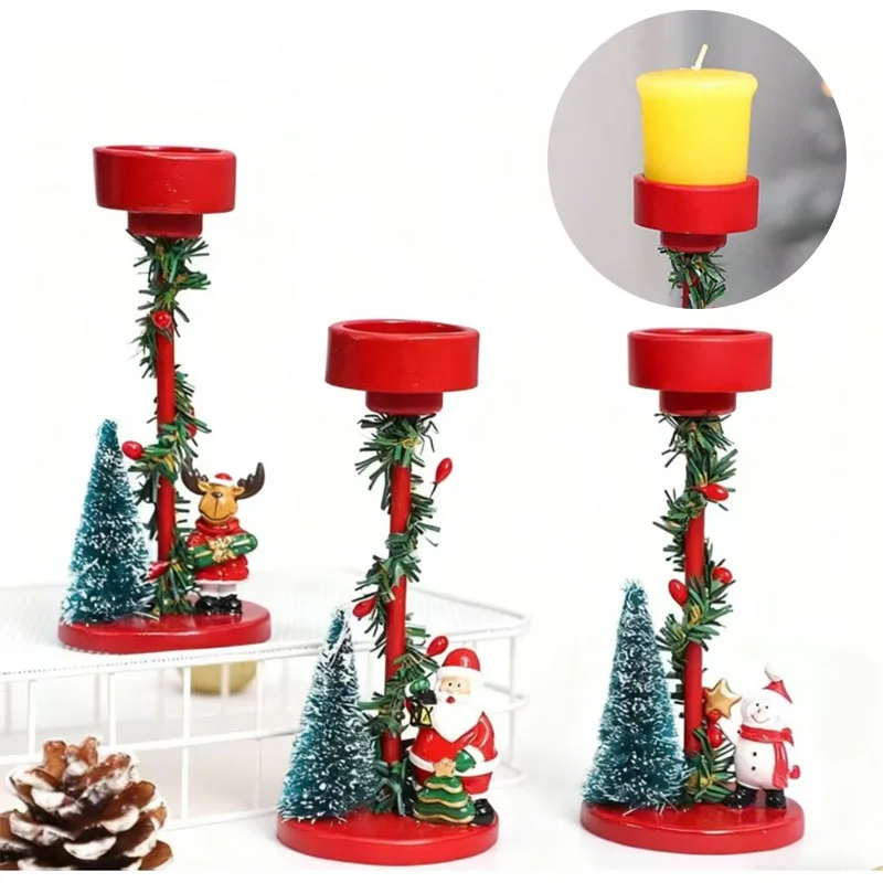 Festlicher Weihnachtsbaum-Kerzenhalter mit Weihnachtsmann- und Schneemann-Dekorationen, idealer Feiertags-Mittelstück für die Tischplatte zu Hause und auf Partys
