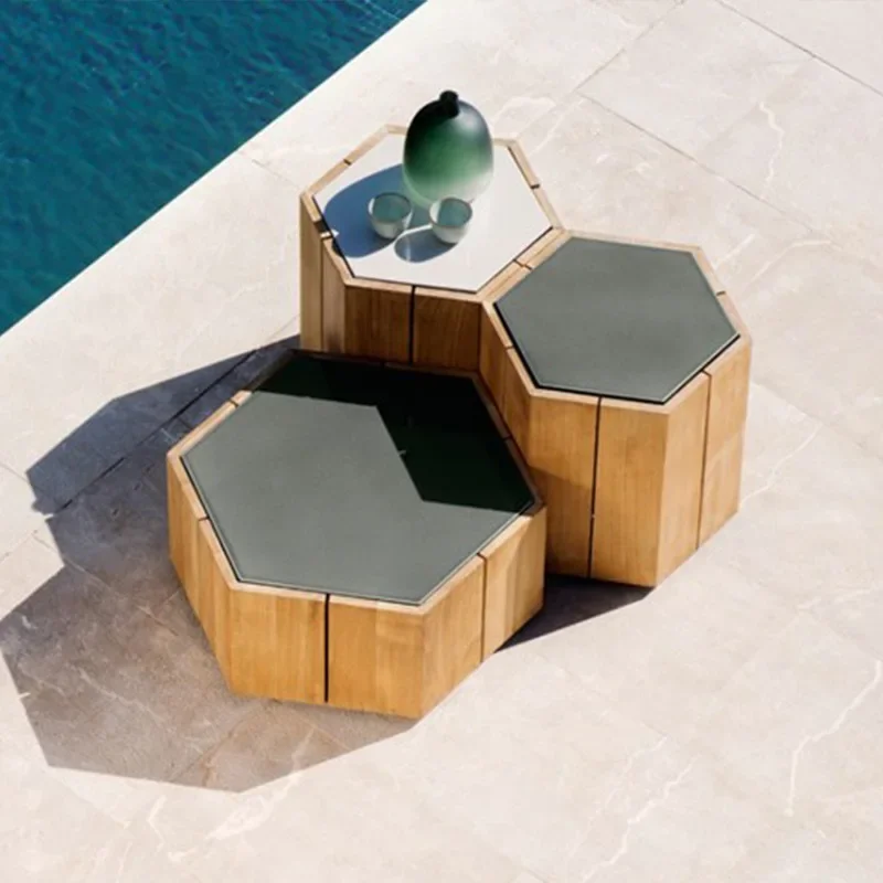 OEMOutdoor solid wood tea table hexagonal model room creative outdoor sofa teak special-shaped small side table balcony small