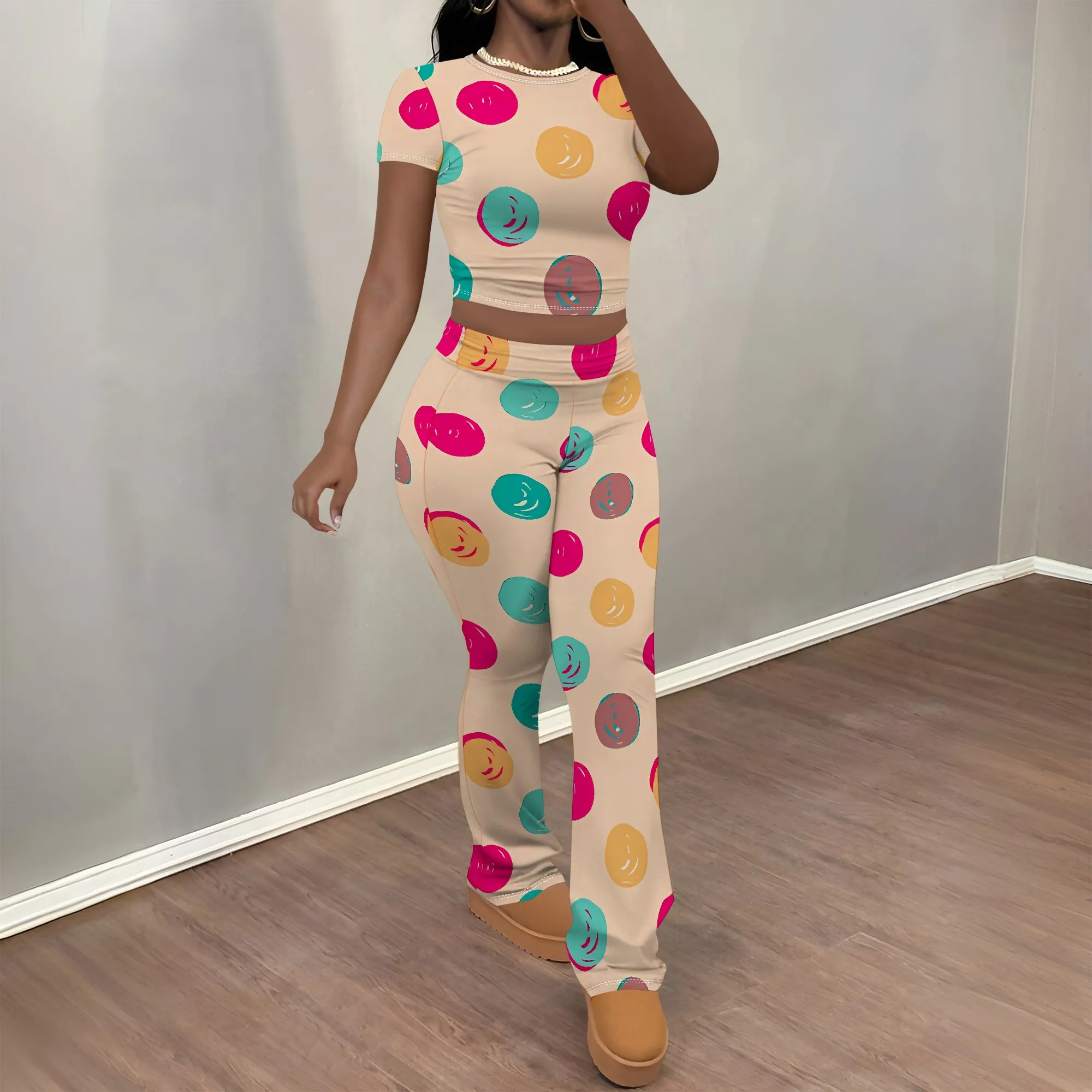 

Nupusa Polka Dot Print Two - Piece Set for Women Standard Size Summer Casual Short Sleeve Flare Pants Outfit