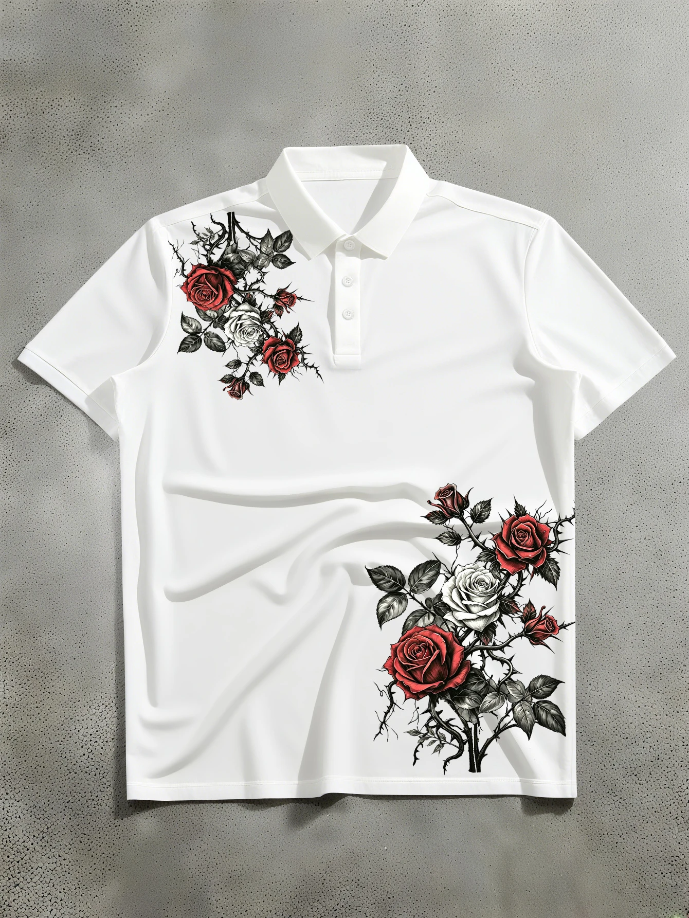 Fashionable Men's Short-Sleeve Lapel Polo Shirt with Rose Embellishment and Black-and-White Contrast Print A Versatile Casual