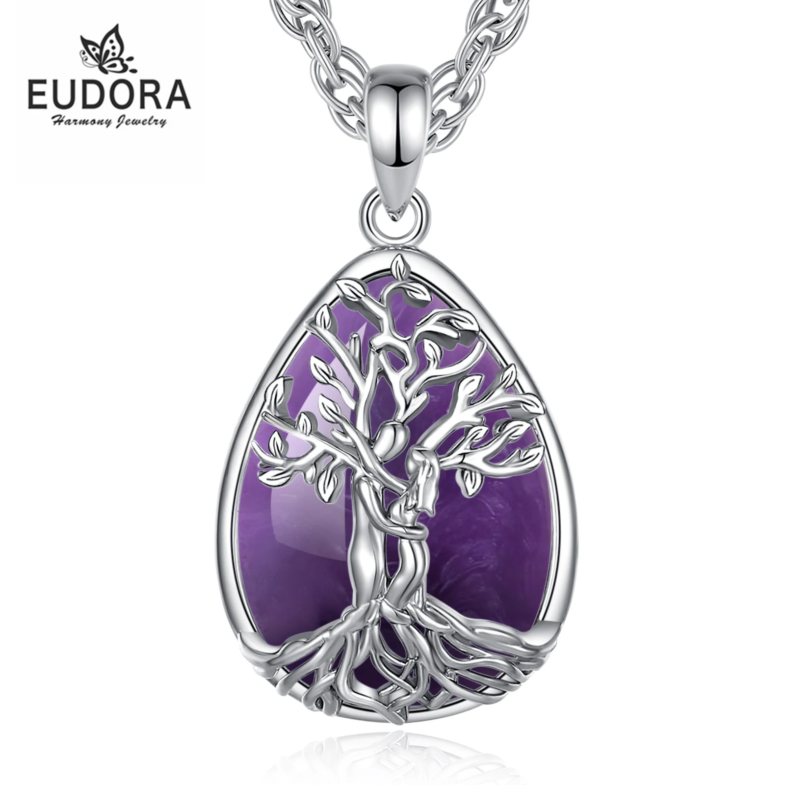 Eudora Tree of Life Couple Hug Necklace Amethyst Natural Healing Crystal Stone Pendant Spiritual Jewelry Gift for Women Men