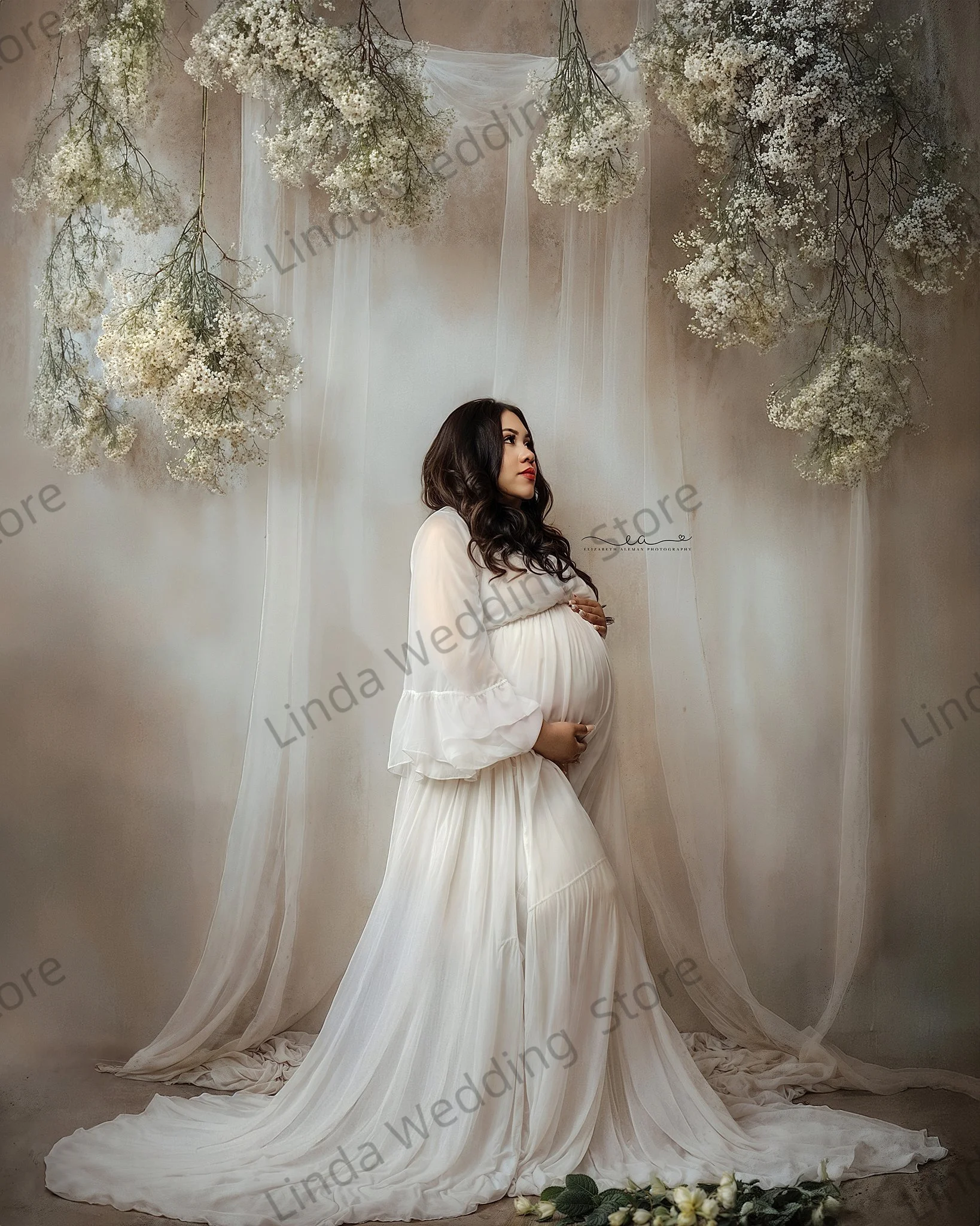 Skromna suknia ciążowa w kolorze kości słoniowej do sesji zdjęciowych, fason A, dekolt w serek, bez rękawów, suknia galowa, szyta na miarę, seksowna suknia ciążowa na baby shower.