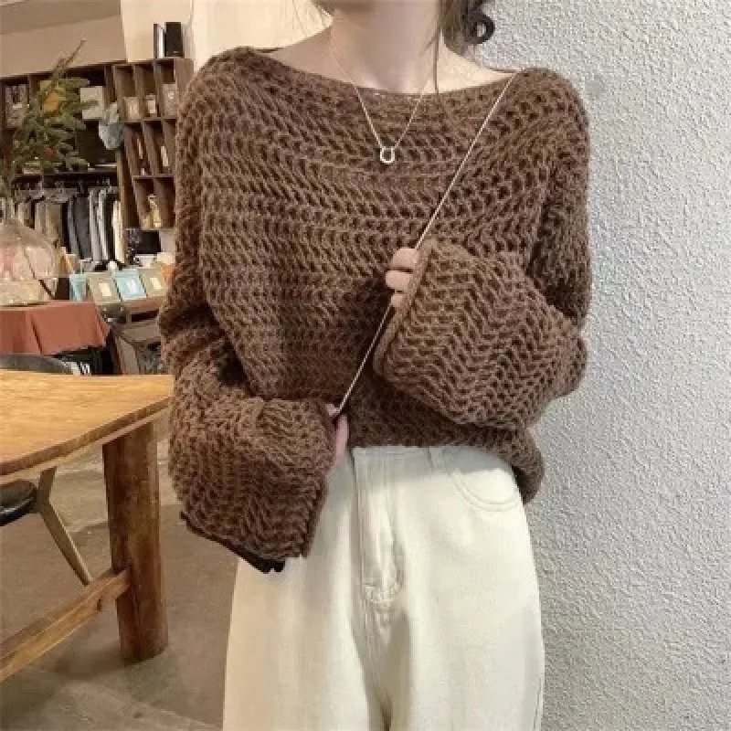 DAYIFUN French Hollow Knitted Sweater for Women Solid Color Long Sleeved Female's Sweaters Women's Chic Round Neck Pullover Tops