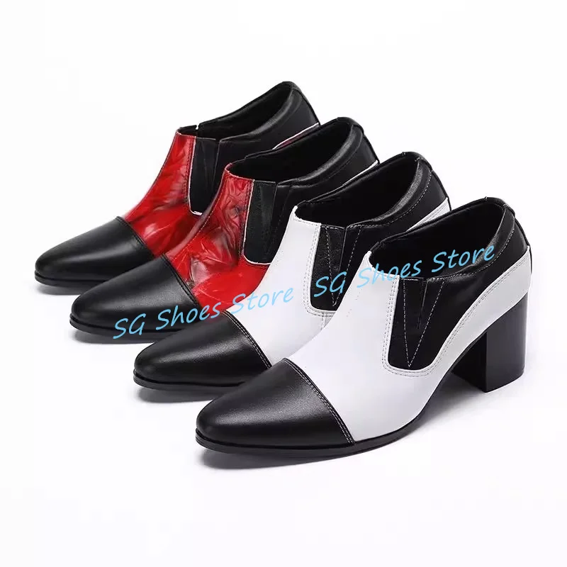 

Fashion 8cm Chunky Heel Male Chelsea Boots Mixed Color Splicing Pointed Toe Leather Shoes for Men Wedding Party Dress Boots