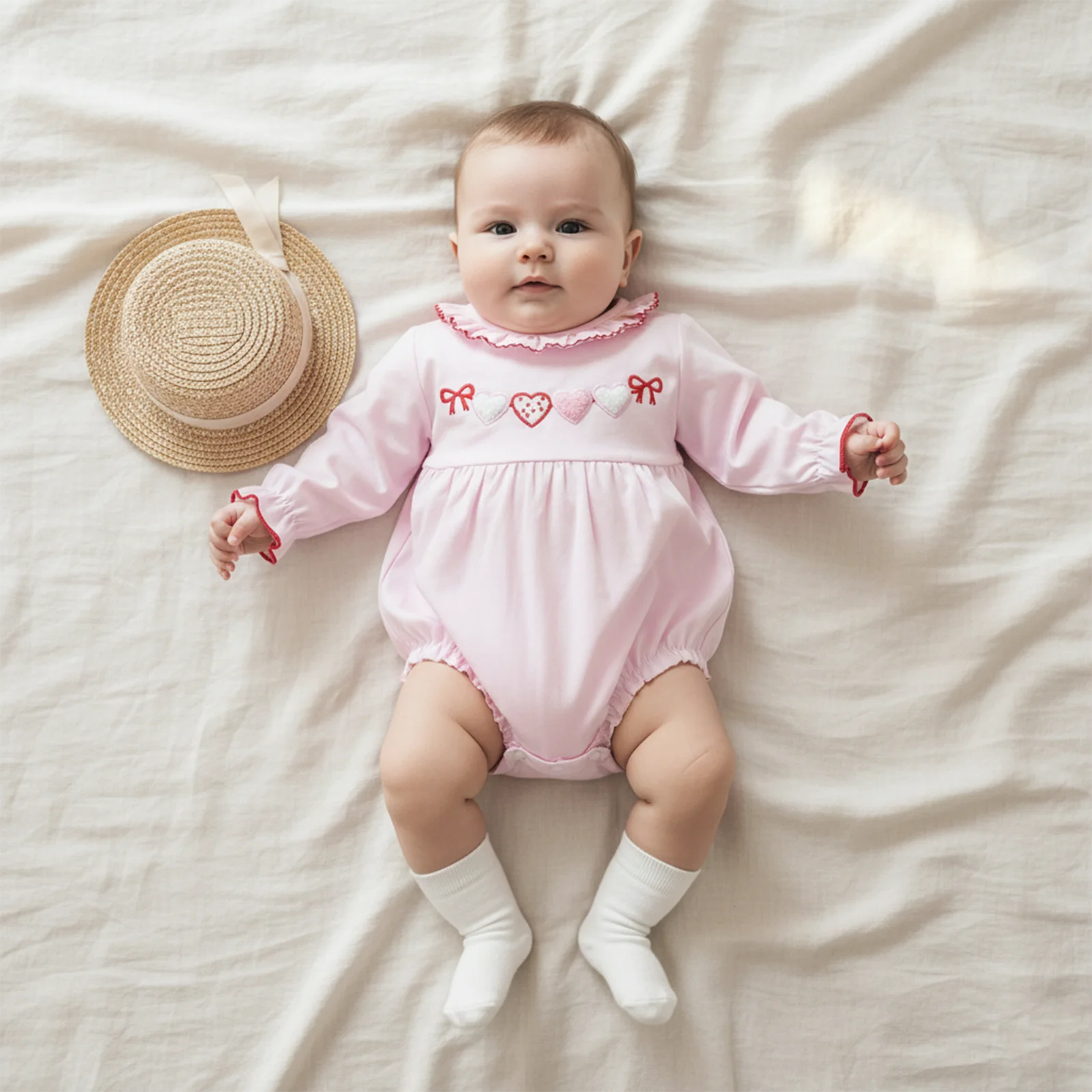 

Suefunskry Infant Baby Girl Valentine's Day Romper Long Sleeve Doll Collar Bow Heart Embroidery Bodysuit Spring Fall Outfit