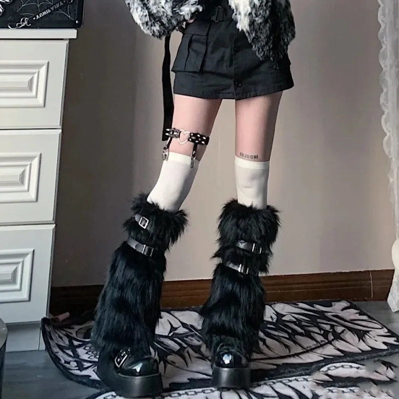 

Эстетические розовые теплые гетры из искусственной кожи, трикотажные носки до середины икры с манжетами JK, штабелируемые нечеткие манжеты для ботинок с ремешком для подвязок