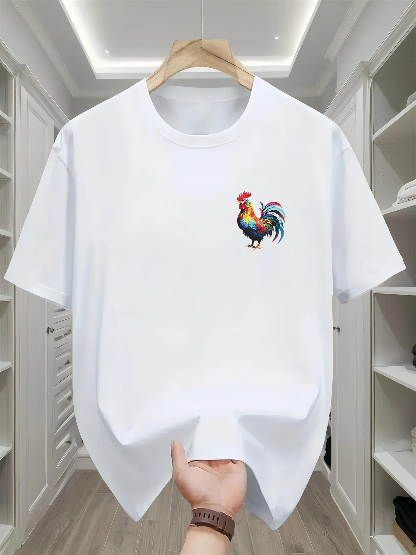 Herren-T-Shirt mit Rundhalsausschnitt und Hahn-Aufdruck, kurzärmelig, 100 % reine Baumwolle, lässiges Mode-T-Shirt, Y2K-Harajuku-T-Shirt