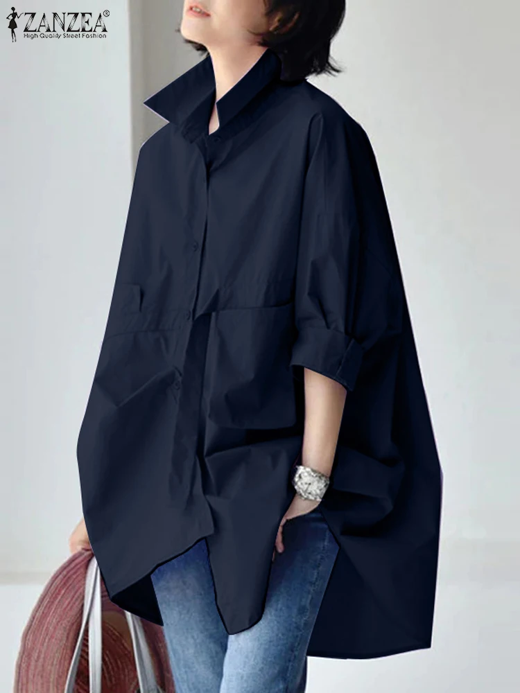 2026 ZANZEA Damska Koszula Oversize Jesienna Moda Luźna Bluzka z Długim Rękawem i Kołnierzykiem Elegancka Codzienna Jednolita Koszula Streetwear