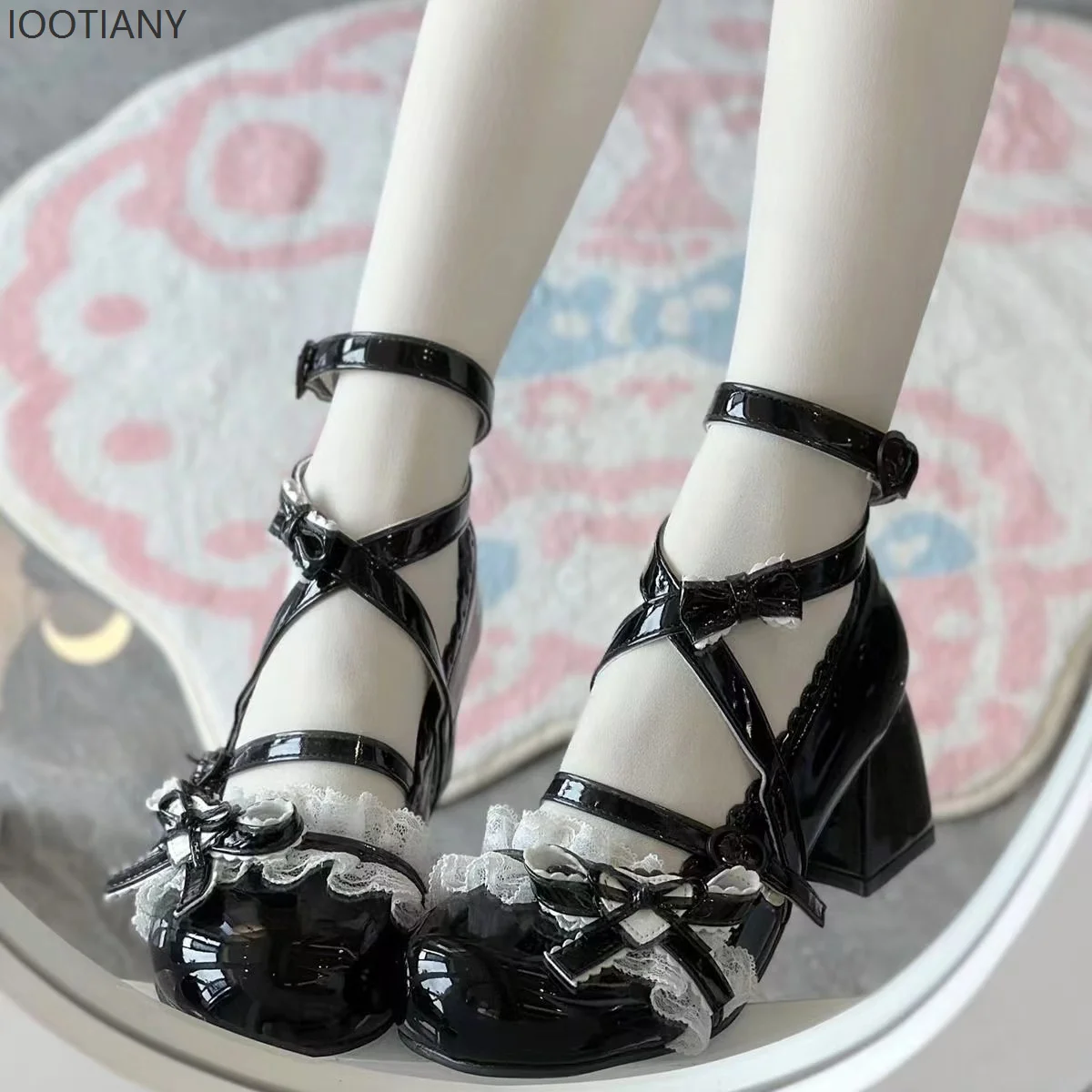 IOOTIANY Original Cute Lolita Jk Lace Small Leather Shoes Round Head Bow Ruffle Doll Sweet Mary Jane Mid-heel High Heels 2025