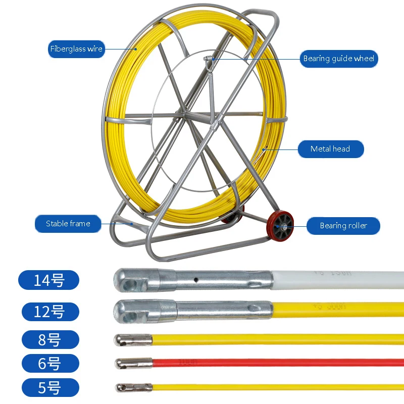 7.2MM 50M Fiberglass Duct Rodder Cable Wire Fish Tape Threader Continuous Stand Reel Pulling Rod