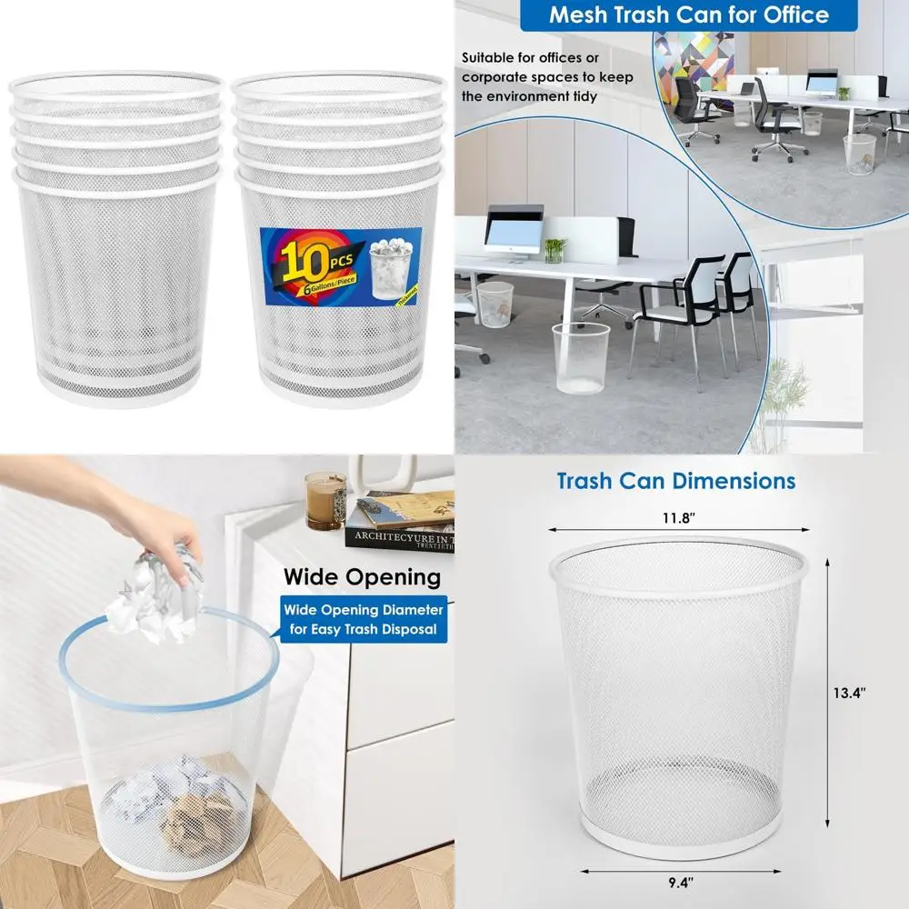 

Mesh Trash Cans 10-Pack, 6 Gallon Capacity, Open Metal Wire Wastebaskets, Office Garbage Cans, Ideal for Deskside Use