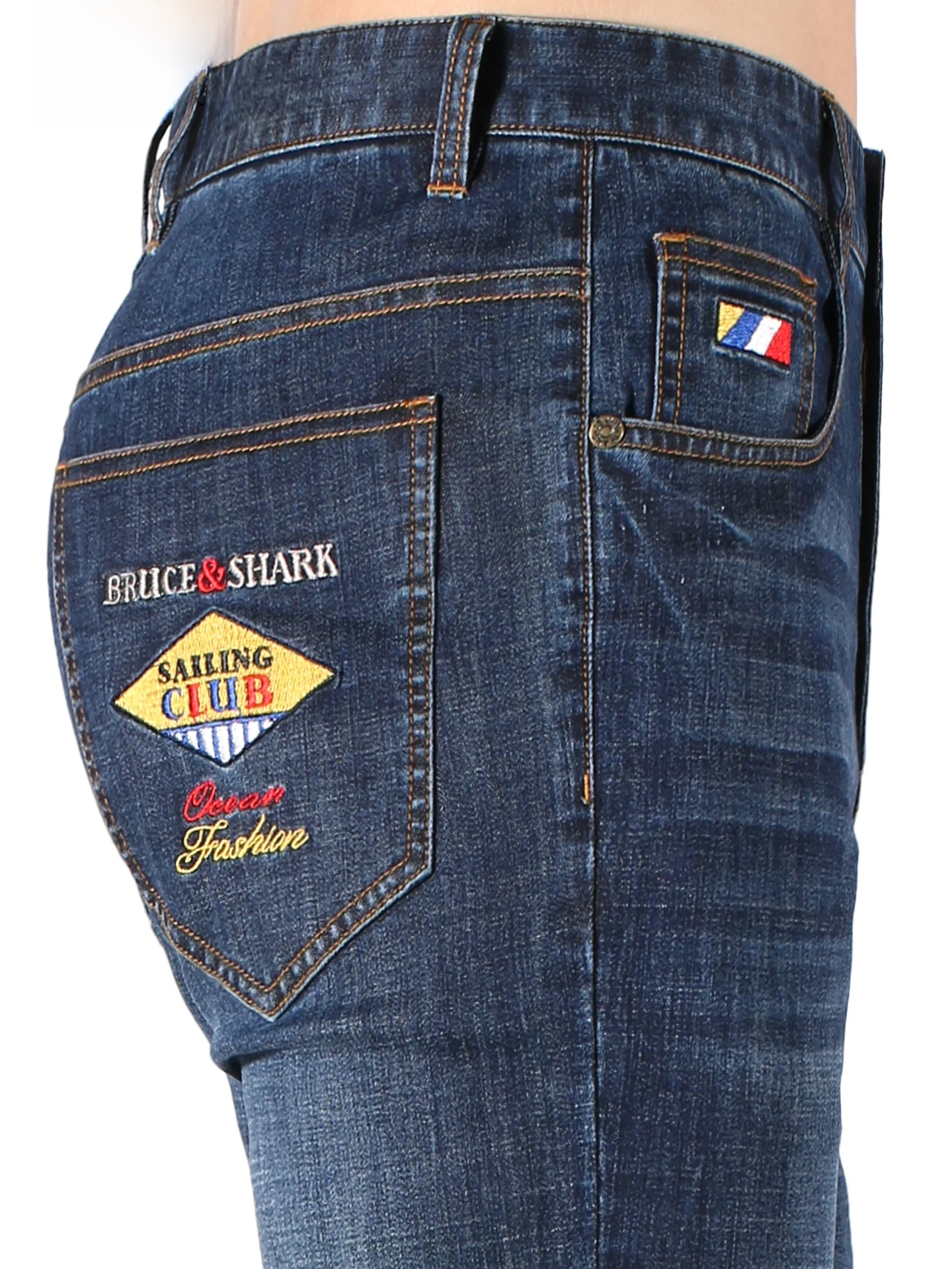 

Летние свободные прямые джинсы из тонкого денима для мужчин, длинные брюки с вышивкой Bruce Shark, большие размеры