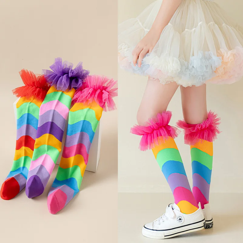 40cm Mädchen Wadensocken Frühling 2026 3-12 Jahre Kinder Regenbogenfarben Patchwork Netz Spitze Party Strümpfe Kinder Prinzessinnen Accessoires