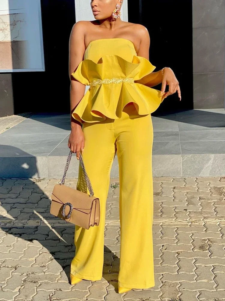 Elegant Women Tube Top Jumpsuits Yellow Flare Tops Wide Leg One Piece Outfits Casual Fashion Romper Overalls for Party Business