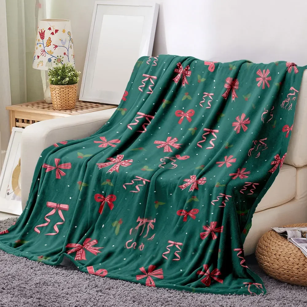 Customization Teal Christmas Blanket - Whimsical Holiday Throw With Red/Pink Bows, Holly Leaves, And White Dots, Soft Cosy Print