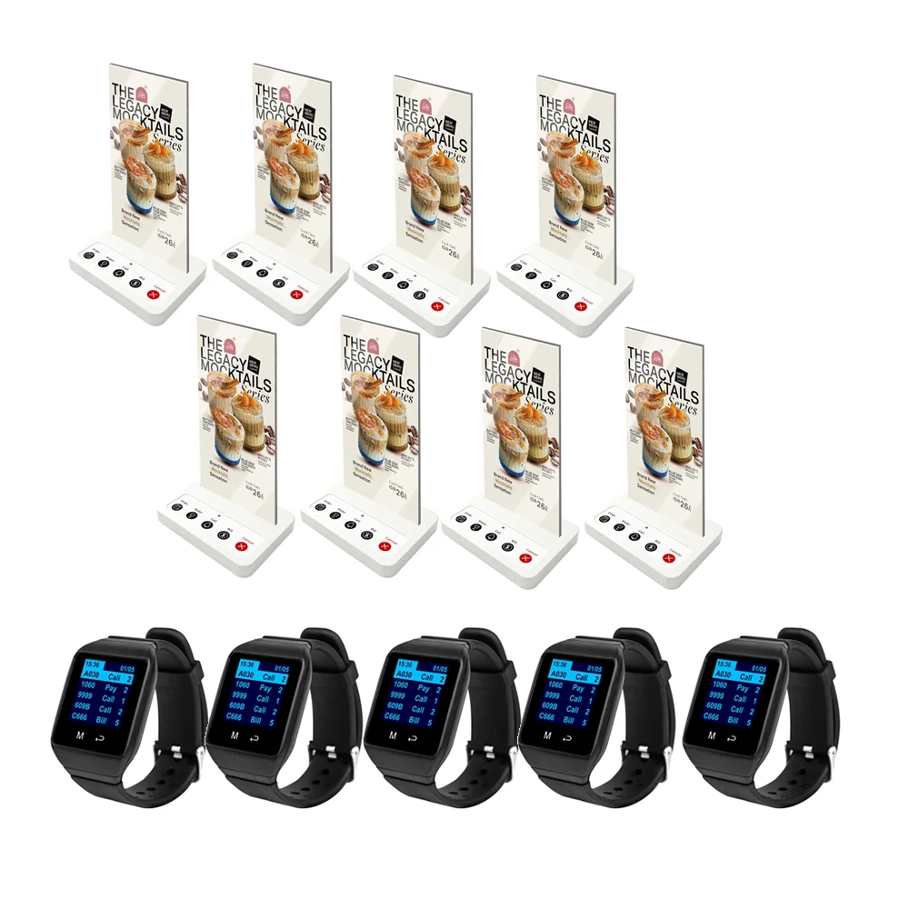 Restaurant Table Card System Touch Screen Watch Receiver Waiter Calling System Wide Range 5 Keys Call Button for Restaurants