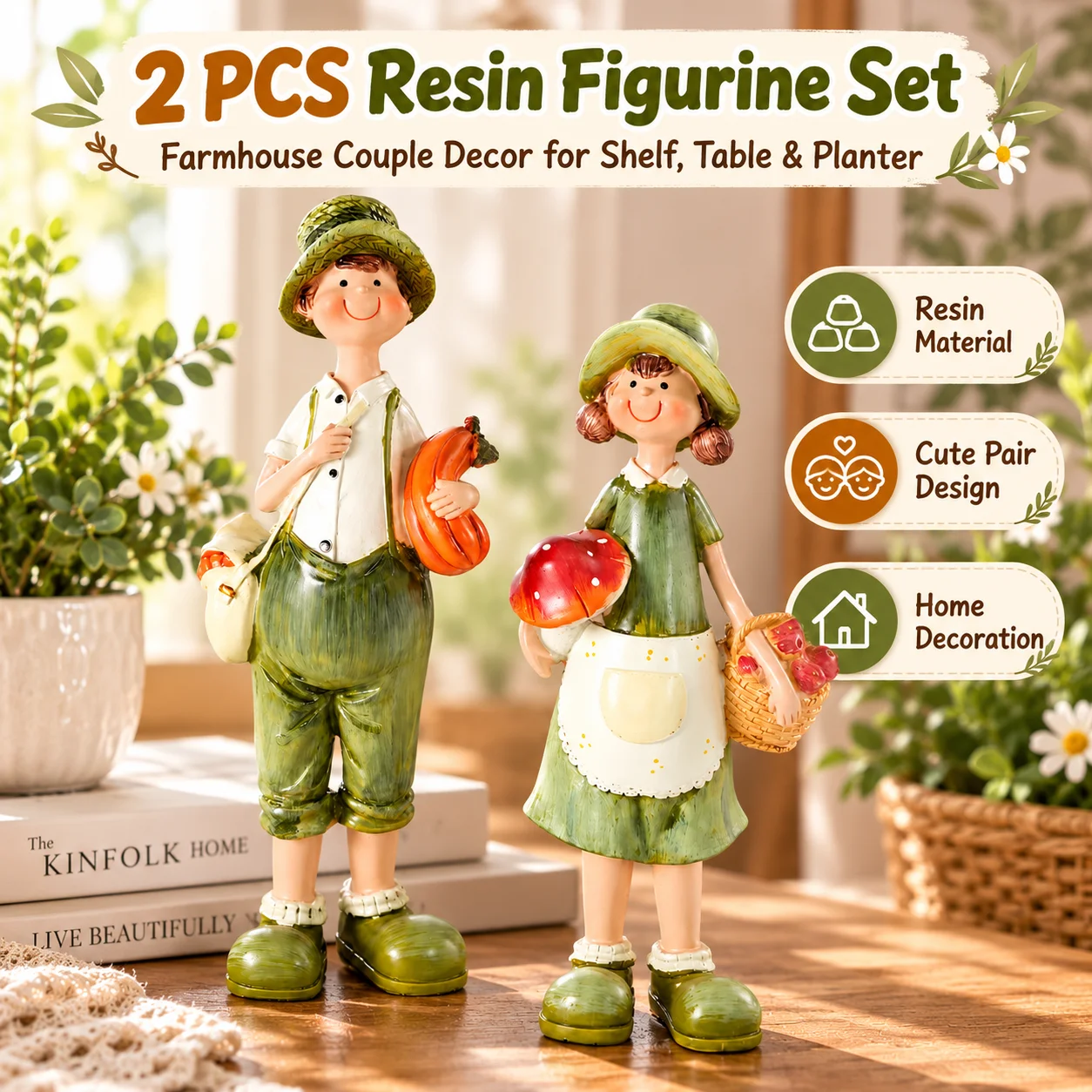 2Pcs Rural Farmer Couple Resin Figurines Cute Boy Girl Statue Garden Desktop Micro Landscape Ornament Home Patio Decor Gifts