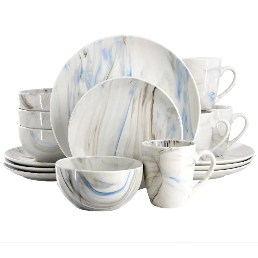 

Fine Marble 16 Piece Porcelain Dinnerware Set in Blue and Gray Service for 4