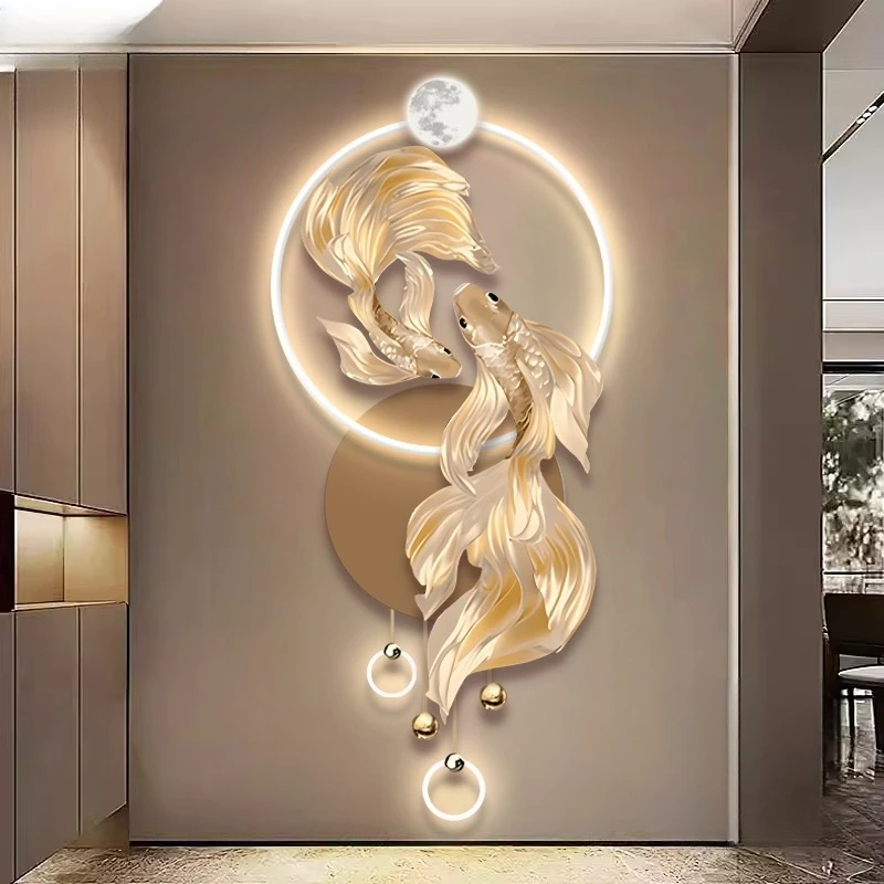 Koi Carp Entrance Decoration Painting Light Luxury Lamp Corridor Hanging Painting, High Grade Luminous Mural Painting