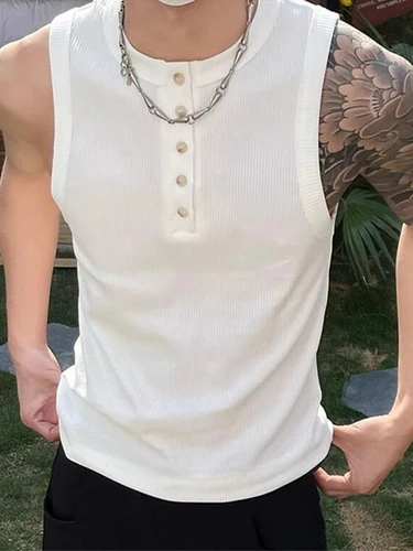 Imagen 2 del producto Chaleco sin mangas ajustado a la moda para hombre, novedad de verano 2021, camisolas acanaladas con textura informal, camisetas sin mangas elásticas de entrenamiento deportivo para hombre