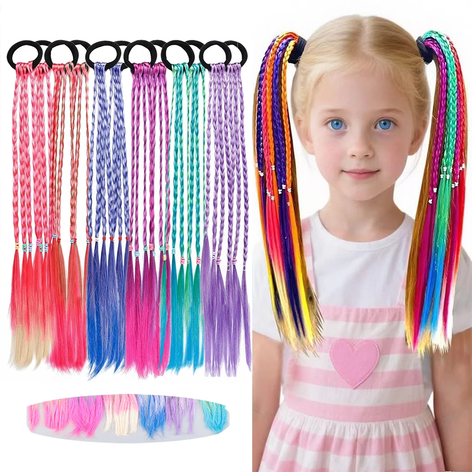

Colorful Braided Hair Extensions, Rubber Band Rainbow Braided Synthetic Hair Piece, Ponytail Girl Hair Accessories For Children'