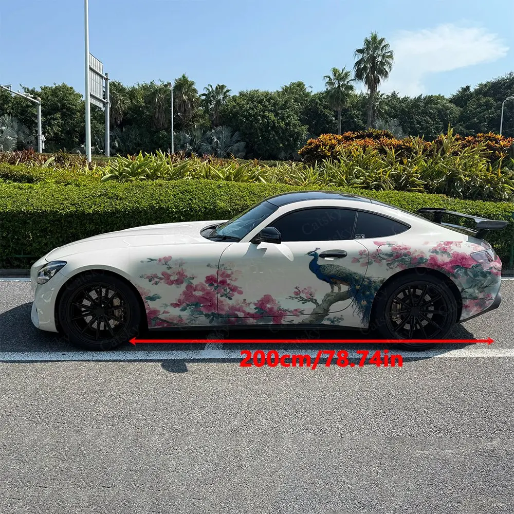 2pcs Blue Peacock Red Plum Spring, Durable, Fade-resistant, Enhance Vehicle Aesthetics With Bold Artistic Design Car Vinyl Wraps