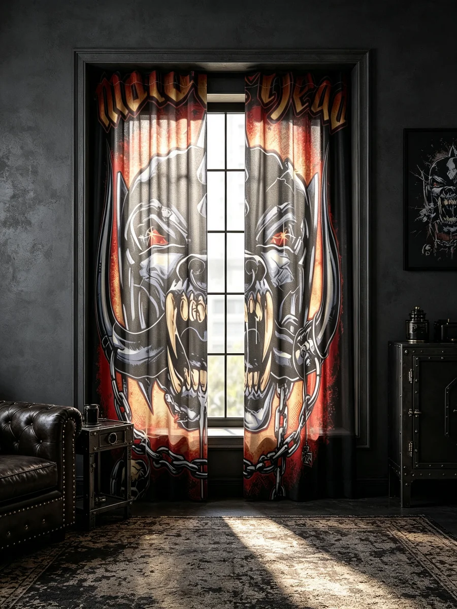 2PCS Rock Digital Print Curtains, Skulls Biker Chain Heavy Metal, Hard Rock Punk Style, Bedroom Living Room Home Decor