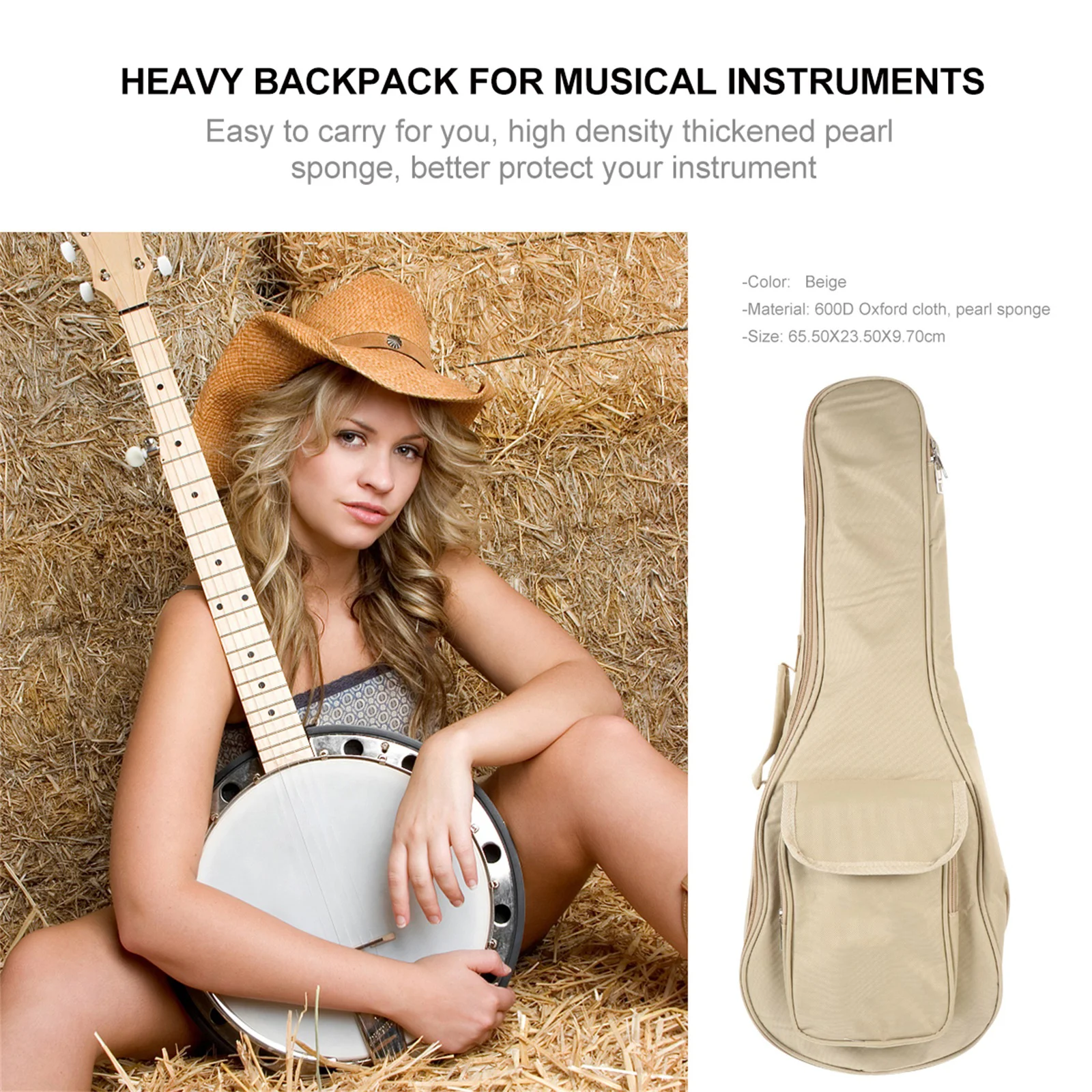 

Ukulele Case 600D Oxford Fabric Waterproof Extra Thick Sponge Adjustable Strap Side Pocket Two-Way Zipper