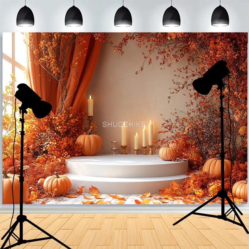 Thanksgiving Day 3d Podium Haunted House Background Glowing Steps Spooky Ghost Posters Walls Cobwebs Photography Backdrops GN-02