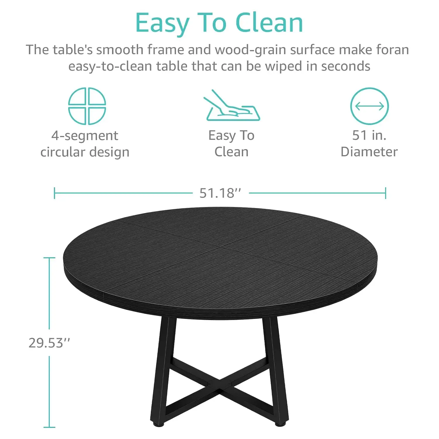 Black Round Dining Table for 6, Modern Circle 51 Inch Large Room Kitchen Dinning Tables for 4 to 6 Person Seats Small Spaces