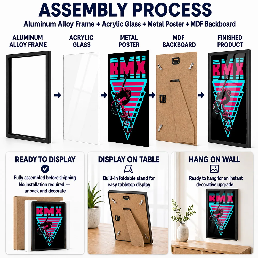 Aesthetic BMX Freestyle Metal Poster With Aluminum Alloy Frame Customized Synthwave Style Wall Art For Bicycle Repair Workshop