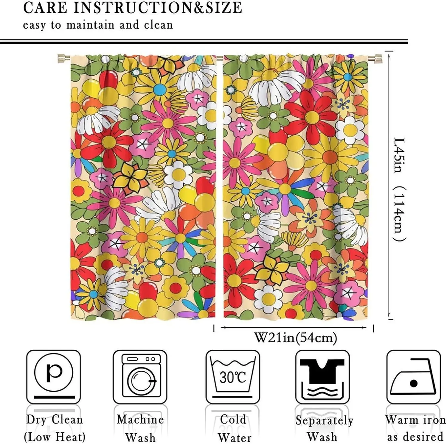 Boho Floral Vintage 70s Window Curtains, Hippie Bright Orange Flowers Groovy Blackout Drapes for Kids,Abstract Funny Art Print