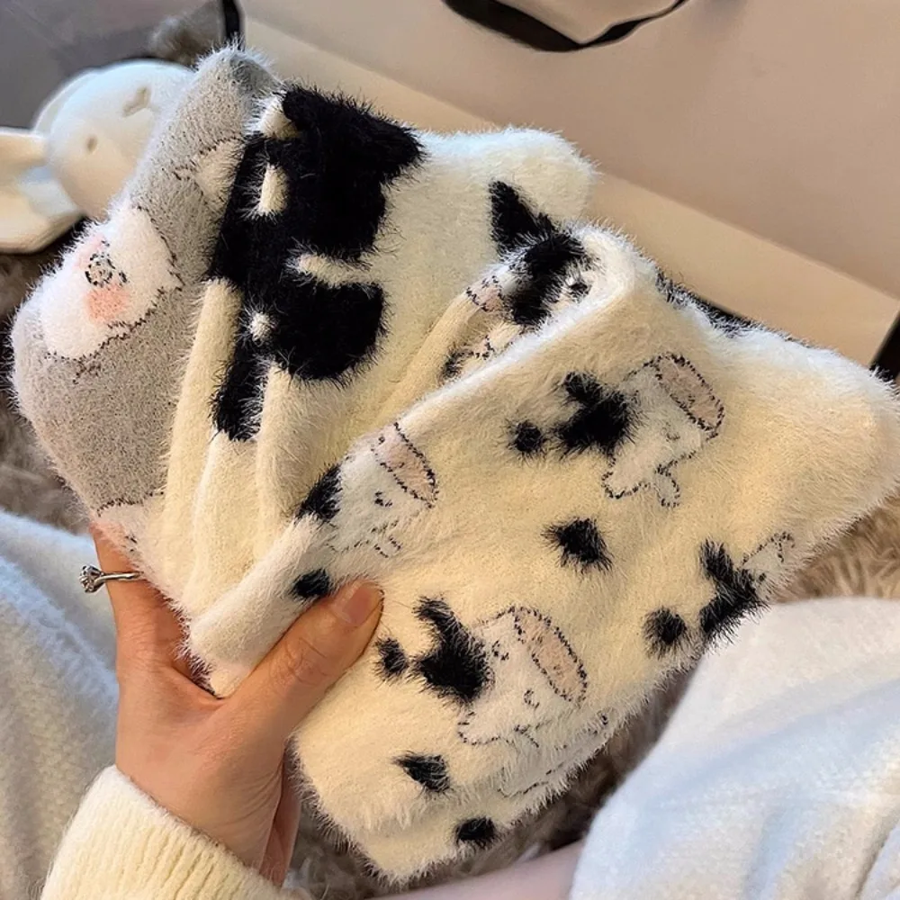 Plush Kawaii Cartoon Socks Girls Cute Cow Pattern Fuzzy Milk Spotted Socks Warm Thickened Mid-Tube Stocking Women Sleep Socks