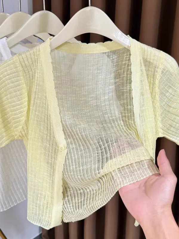 

Ultra-Thin Ice Silk Knitted Cardigan Women's Short Sleeve Summer Outerwear with Strap Vest Top Shoulder-Shield Cover up